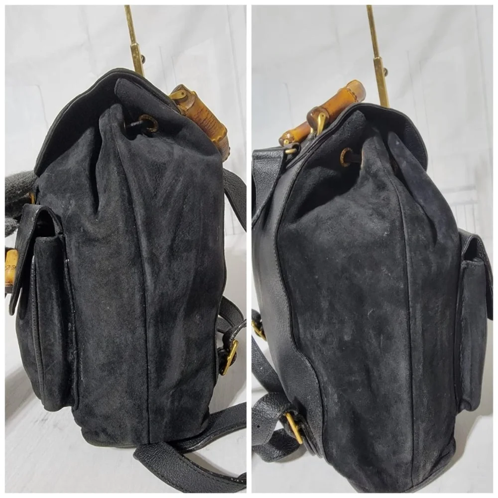 Authentic Gucci Vintage Suede & Leather Bamboo Backpack Black